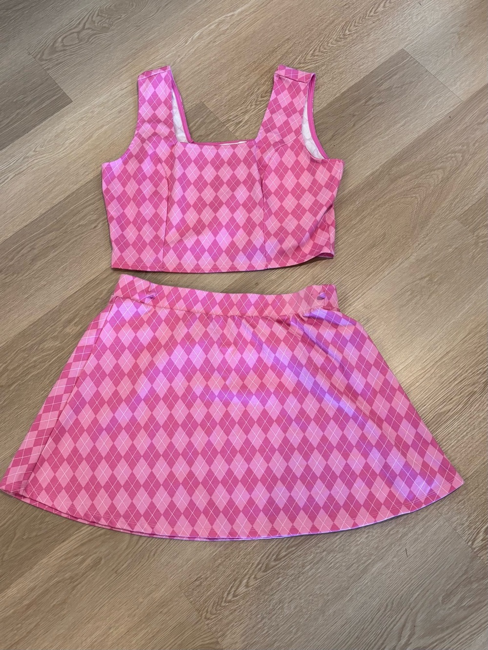 Madden NYC Pink Argyle Two‑Piece Set – Crop Top & Mini Skirt